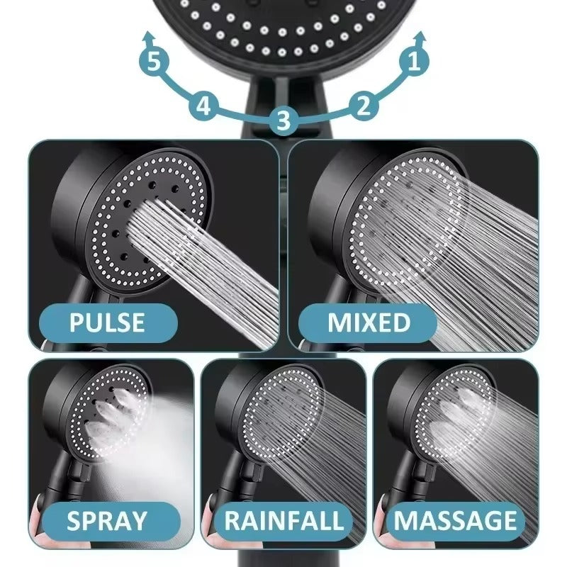 High Pressure Bath Shower Head 5 Mode Large Chrome Handset Head Saving